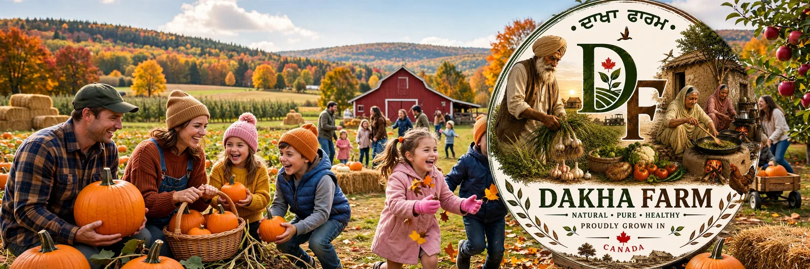 Families enjoying pumpkins and apples at Dakha Farm