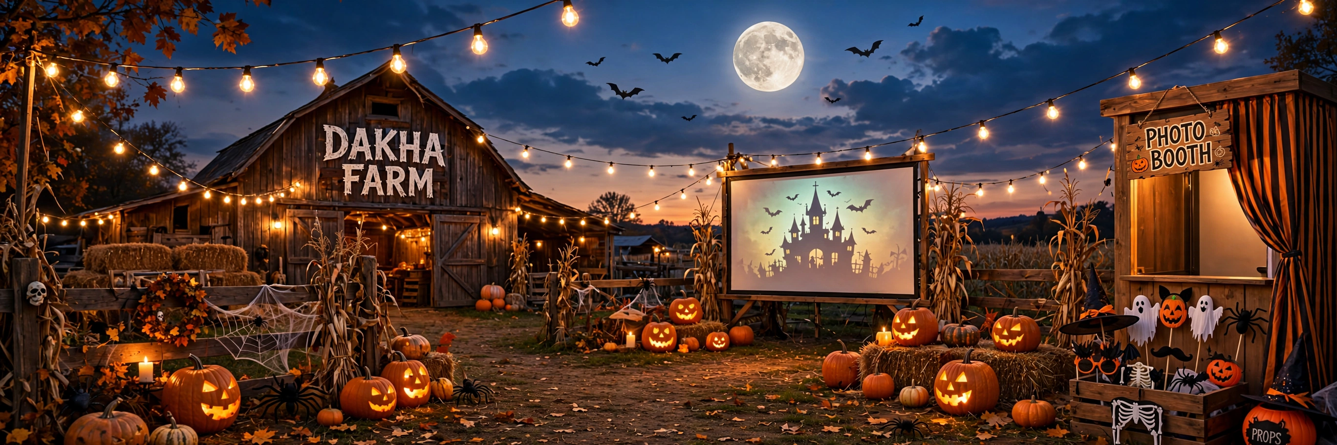 Dakha Farm Halloween celebration — glowing pumpkins, outdoor movie screen and photo booth